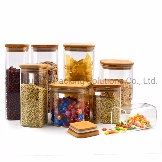 手作り正方形高ホウケイ酸ガラス保存瓶竹木の蓋付きガラス食品容器