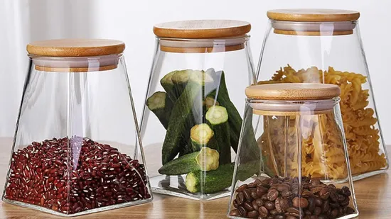 高ホウケイ酸ガラス瓶気密台形貯蔵タンクキャンディ瓶食品キャニスター容器竹木製蓋付き