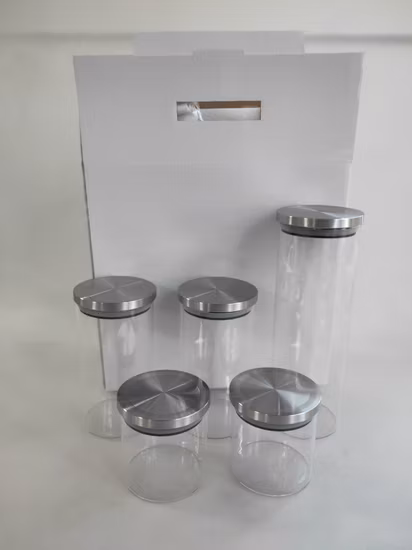 キッチン整理用のステンレス蓋付き耐熱ホウケイ酸ガラス保存瓶